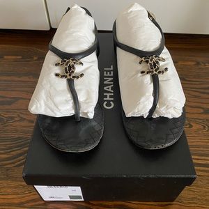 Chanel Black Logo Thong Sandals Size 38